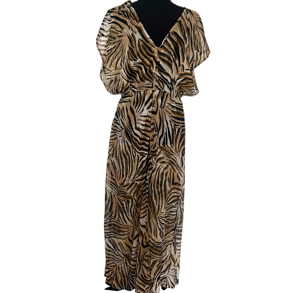 Kendall + Kylie Tiger Print Maxi Dress Brown Black Button Front KKDD-30111 Large